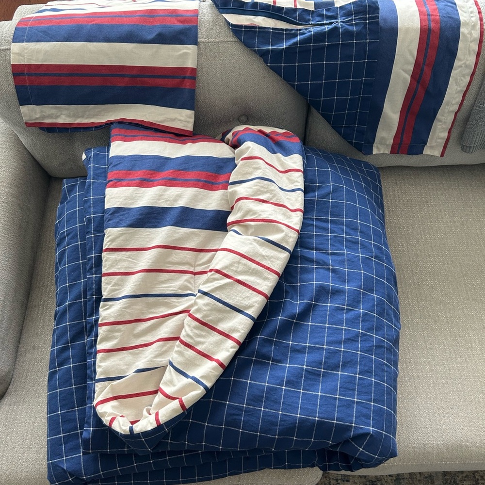 Reversible Striped and Checkered Blue Bedding Set (Queen)